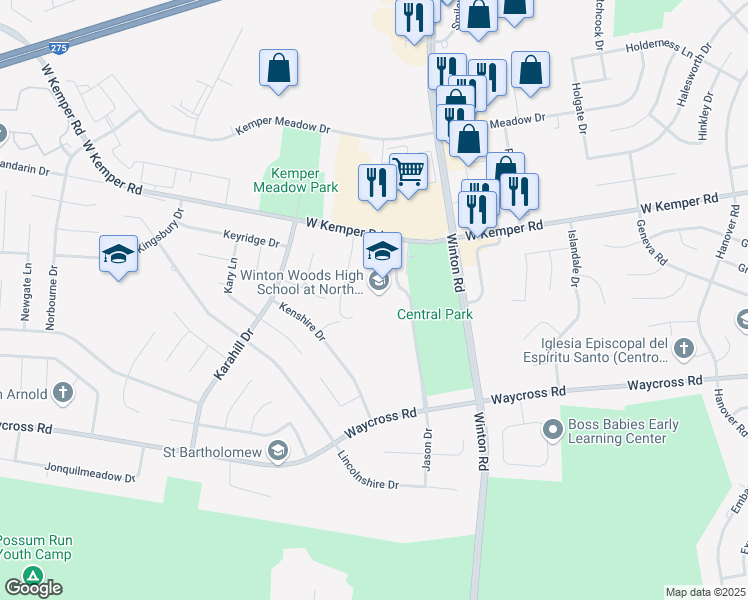 map of restaurants, bars, coffee shops, grocery stores, and more near 1231 West Kemper Road in Cincinnati