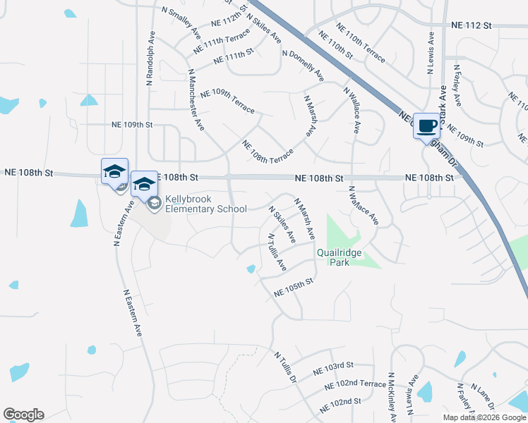 map of restaurants, bars, coffee shops, grocery stores, and more near 7916 Northeast 106th Terrace in Kansas City
