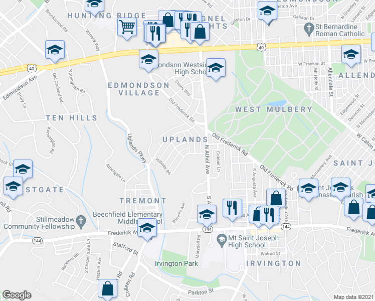 map of restaurants, bars, coffee shops, grocery stores, and more near 4402 Mountview Road in Baltimore
