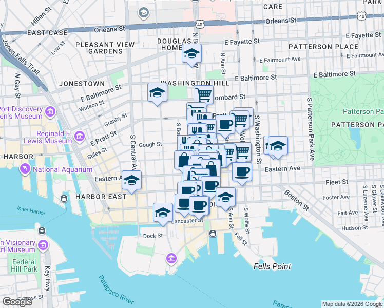 map of restaurants, bars, coffee shops, grocery stores, and more near 1618 Bank Street in Baltimore