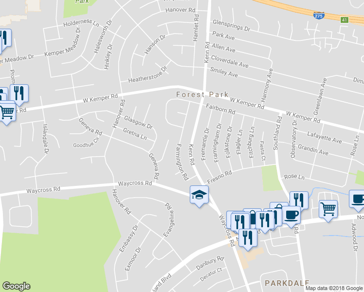map of restaurants, bars, coffee shops, grocery stores, and more near 11456 Farmington Road in Cincinnati