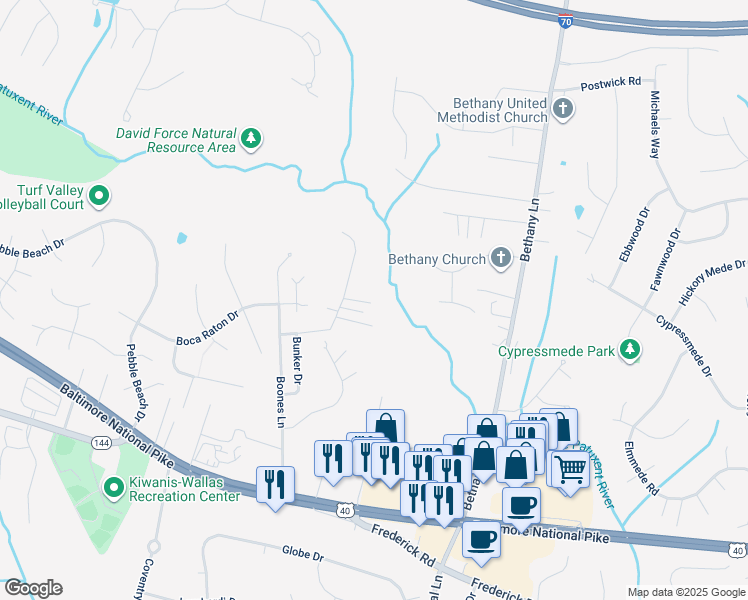 map of restaurants, bars, coffee shops, grocery stores, and more near 3047 Mullineaux Lane in Ellicott City