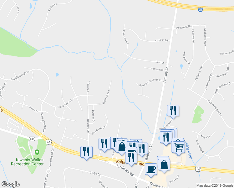 map of restaurants, bars, coffee shops, grocery stores, and more near 3047 Mullineaux Lane in Ellicott City