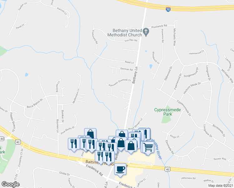 map of restaurants, bars, coffee shops, grocery stores, and more near 9009 Barn Hill Court in Ellicott City