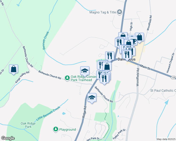 map of restaurants, bars, coffee shops, grocery stores, and more near 26110 Ridge Road in Damascus