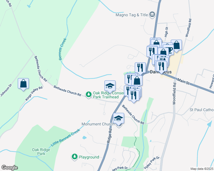map of restaurants, bars, coffee shops, grocery stores, and more near 10194 Kings Grove Way in Damascus