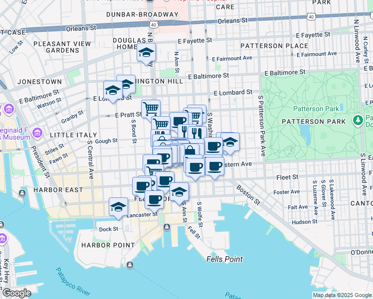map of restaurants, bars, coffee shops, grocery stores, and more near 1806 Bank Street in Baltimore