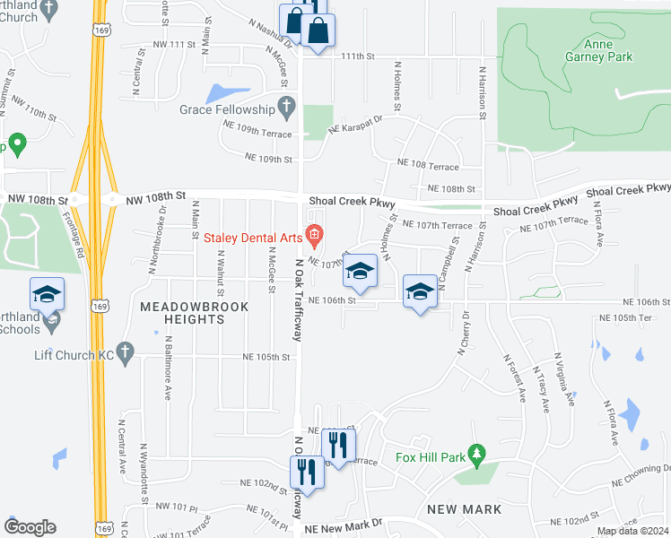 map of restaurants, bars, coffee shops, grocery stores, and more near 509 Northeast 107th Street in Kansas City