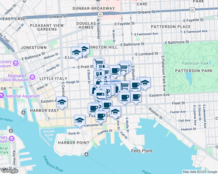 map of restaurants, bars, coffee shops, grocery stores, and more near 1730 Bank Street in Baltimore