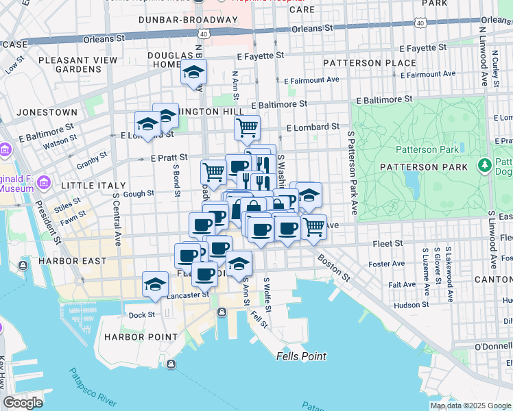 map of restaurants, bars, coffee shops, grocery stores, and more near 1822 Bank Street in Baltimore
