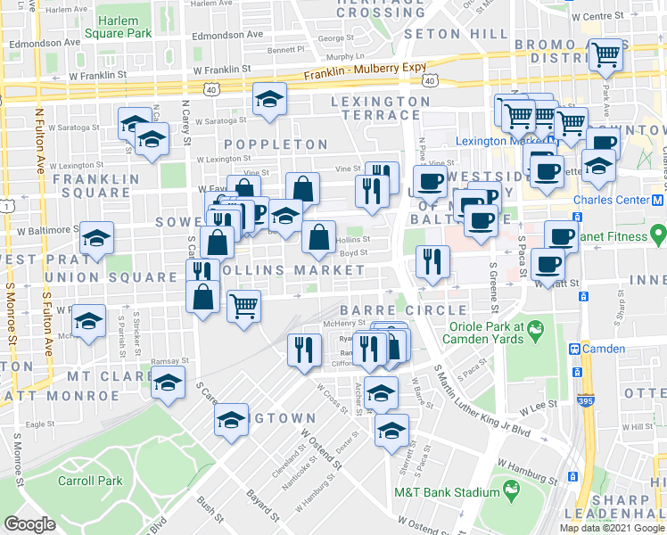 map of restaurants, bars, coffee shops, grocery stores, and more near W Lombard St & Callender St in Baltimore