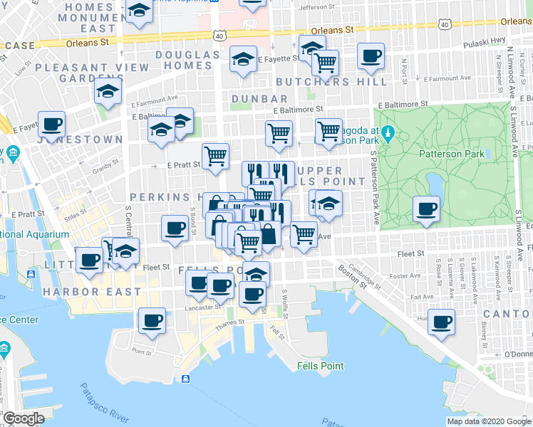 map of restaurants, bars, coffee shops, grocery stores, and more near 1806 Bank Street in Baltimore