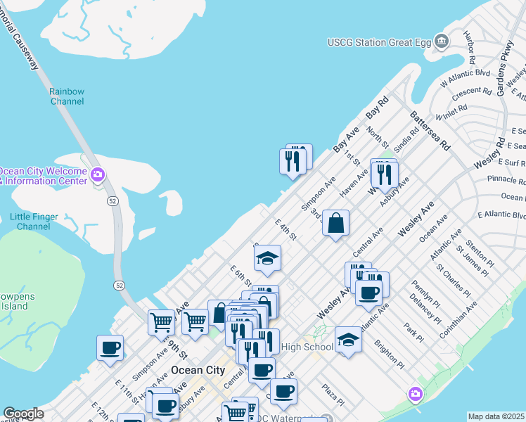 map of restaurants, bars, coffee shops, grocery stores, and more near 403 Bay Avenue in Ocean City