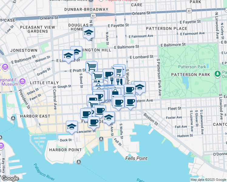 map of restaurants, bars, coffee shops, grocery stores, and more near 1808 Bank Street in Baltimore