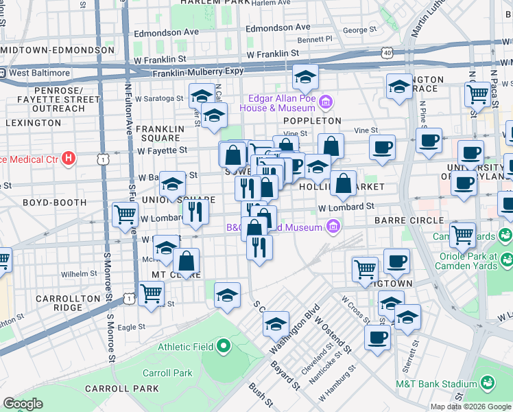map of restaurants, bars, coffee shops, grocery stores, and more near 50 South Stockton Street in Baltimore