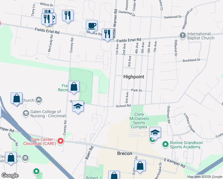 map of restaurants, bars, coffee shops, grocery stores, and more near 11963 1st Avenue in Cincinnati