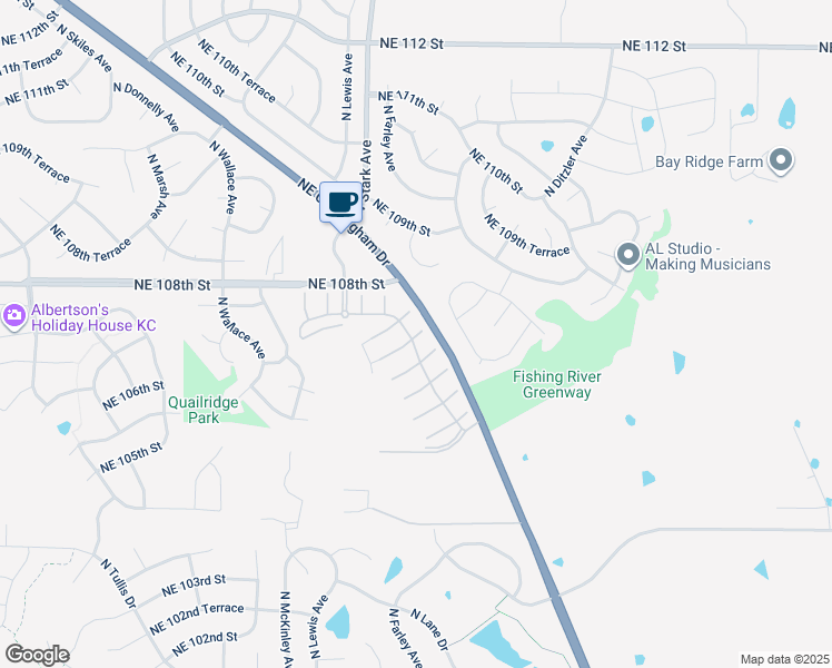 map of restaurants, bars, coffee shops, grocery stores, and more near 8909 Northeast 106 Place in Kansas City