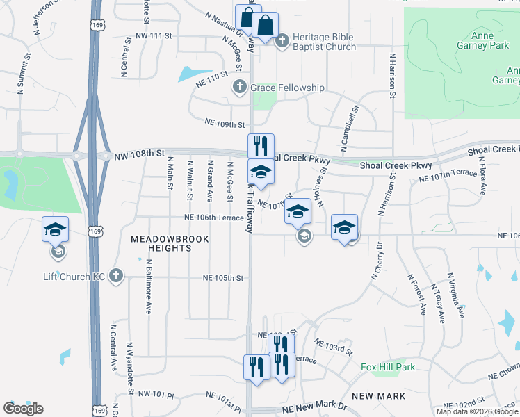 map of restaurants, bars, coffee shops, grocery stores, and more near 10620 North Locust Court in Kansas City
