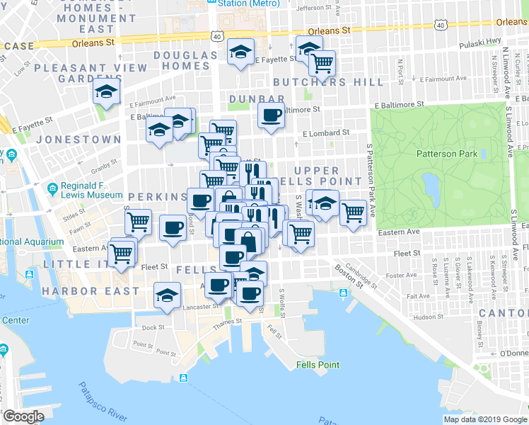 map of restaurants, bars, coffee shops, grocery stores, and more near 1808 Bank Street in Baltimore