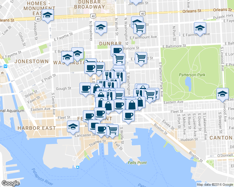 map of restaurants, bars, coffee shops, grocery stores, and more near 1822 Bank Street in Baltimore