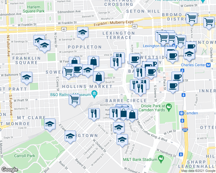 map of restaurants, bars, coffee shops, grocery stores, and more near West Lombard Street & Parkin Street in Baltimore