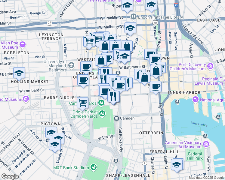 map of restaurants, bars, coffee shops, grocery stores, and more near 301 West Lombard Street in Baltimore