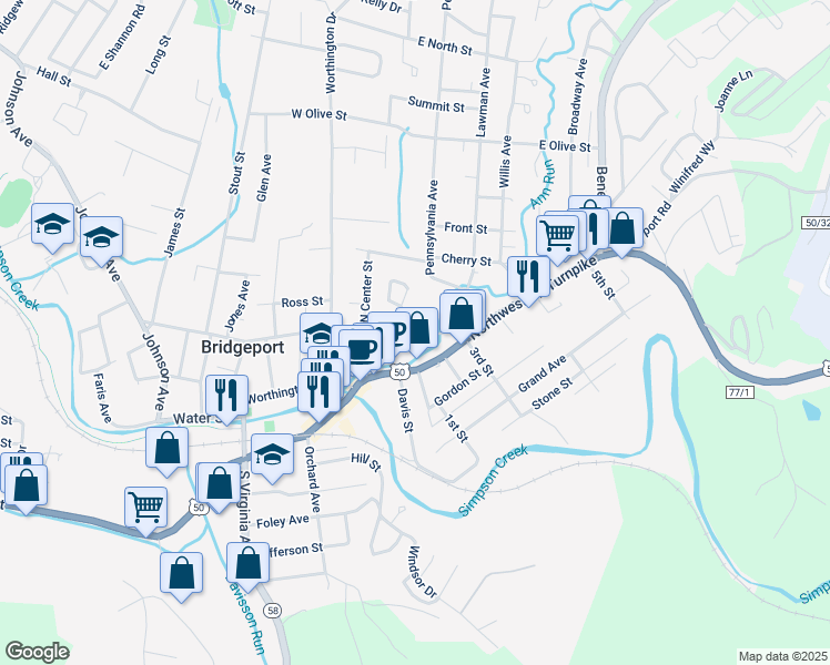 map of restaurants, bars, coffee shops, grocery stores, and more near 158 East Philadelphia Avenue in Bridgeport