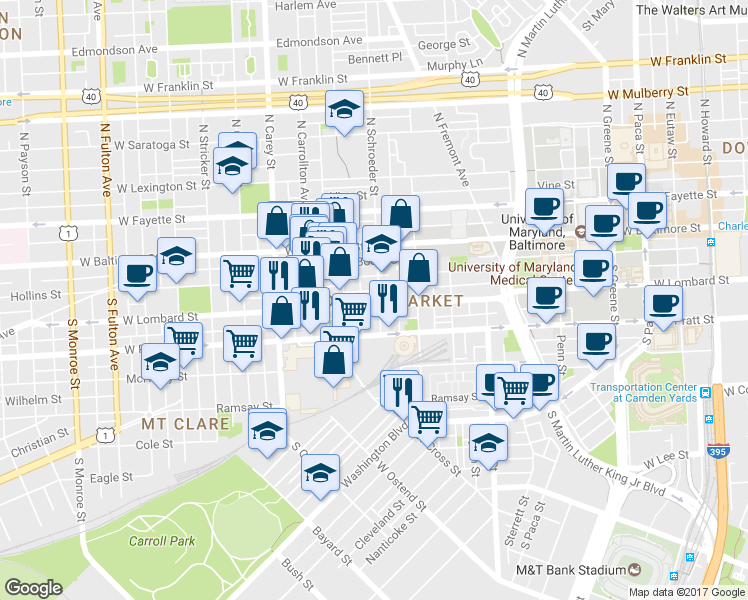 map of restaurants, bars, coffee shops, grocery stores, and more near 1002 West Lombard Street in Baltimore