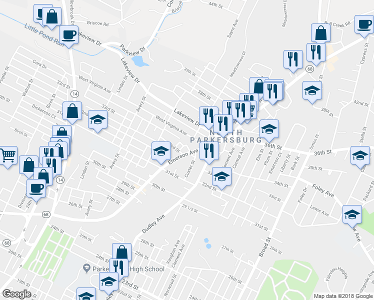 map of restaurants, bars, coffee shops, grocery stores, and more near 3307 West Virginia 68 in Parkersburg