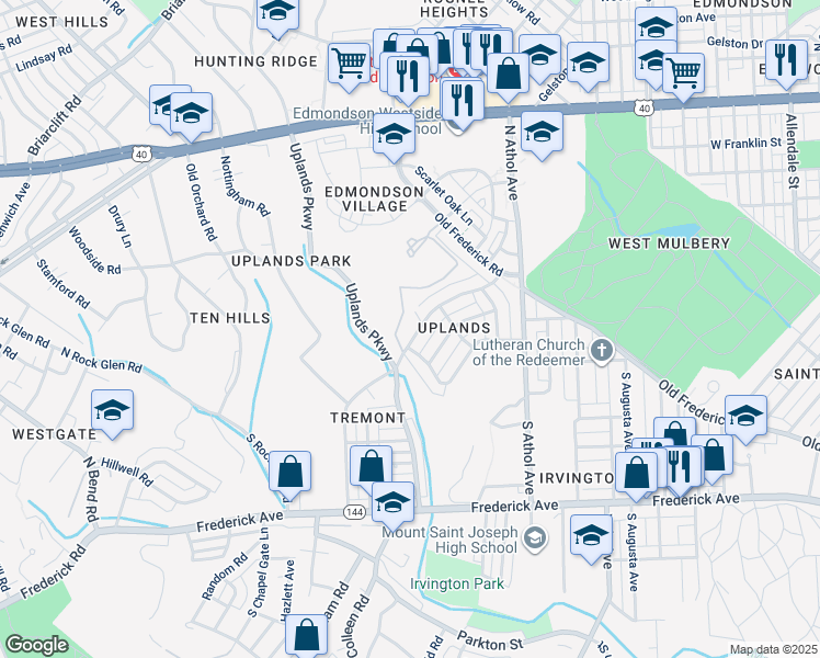 map of restaurants, bars, coffee shops, grocery stores, and more near 4526 Pen Lucy Road in Baltimore
