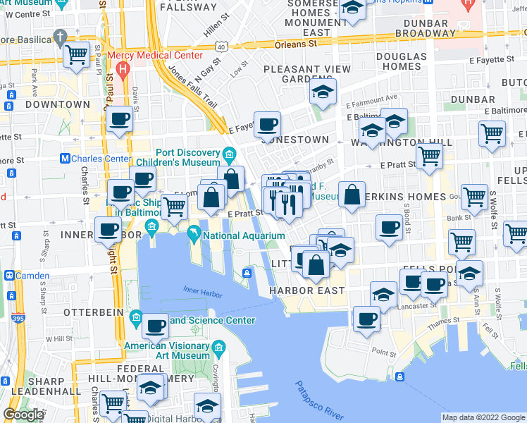 map of restaurants, bars, coffee shops, grocery stores, and more near E Pratt St & S President St in Baltimore