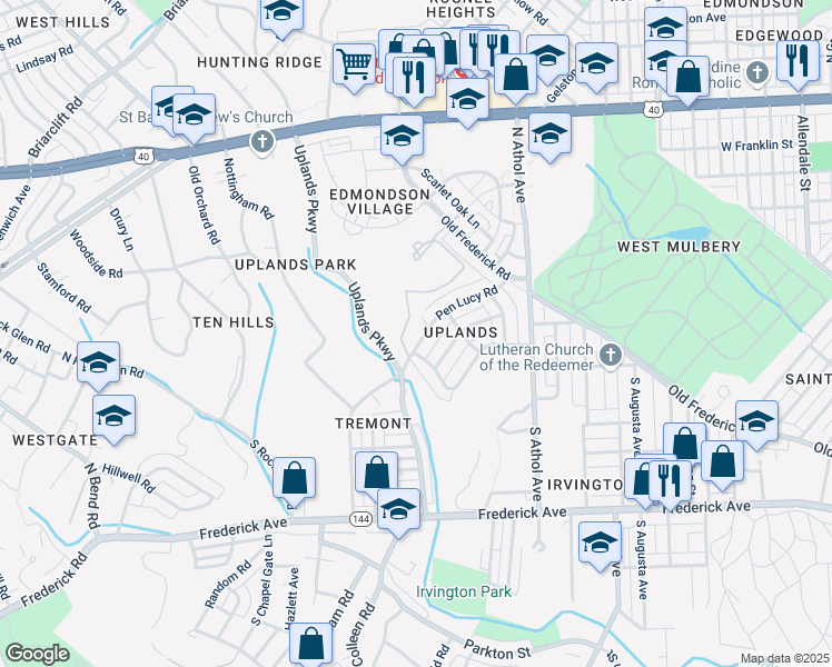 map of restaurants, bars, coffee shops, grocery stores, and more near 4526 Pen Lucy Road in Baltimore