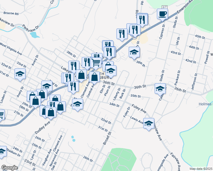 map of restaurants, bars, coffee shops, grocery stores, and more near 3518 Elm Street in Parkersburg