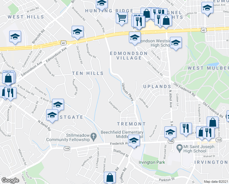 map of restaurants, bars, coffee shops, grocery stores, and more near 315 Nottingham Road in Baltimore