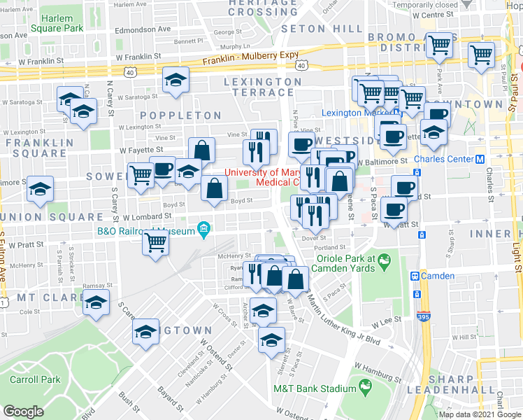 map of restaurants, bars, coffee shops, grocery stores, and more near West Lombard Street & Scott Street in Baltimore