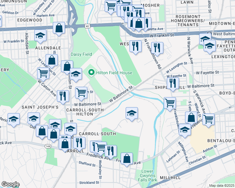 map of restaurants, bars, coffee shops, grocery stores, and more near 2902 West Baltimore Street in Baltimore