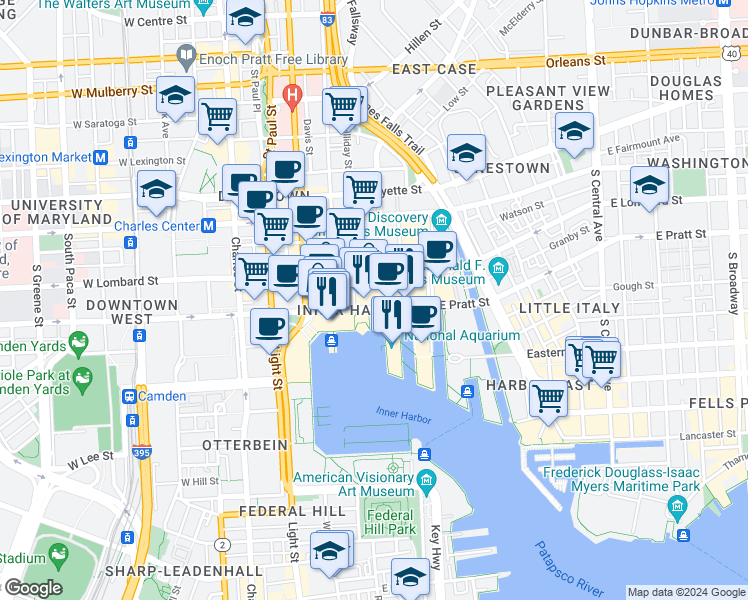 map of restaurants, bars, coffee shops, grocery stores, and more near 400 East Pratt Street in Baltimore