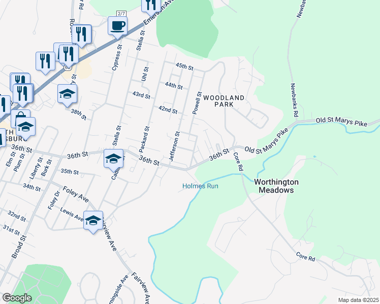 map of restaurants, bars, coffee shops, grocery stores, and more near 3601-3607 Rollins St in Parkersburg