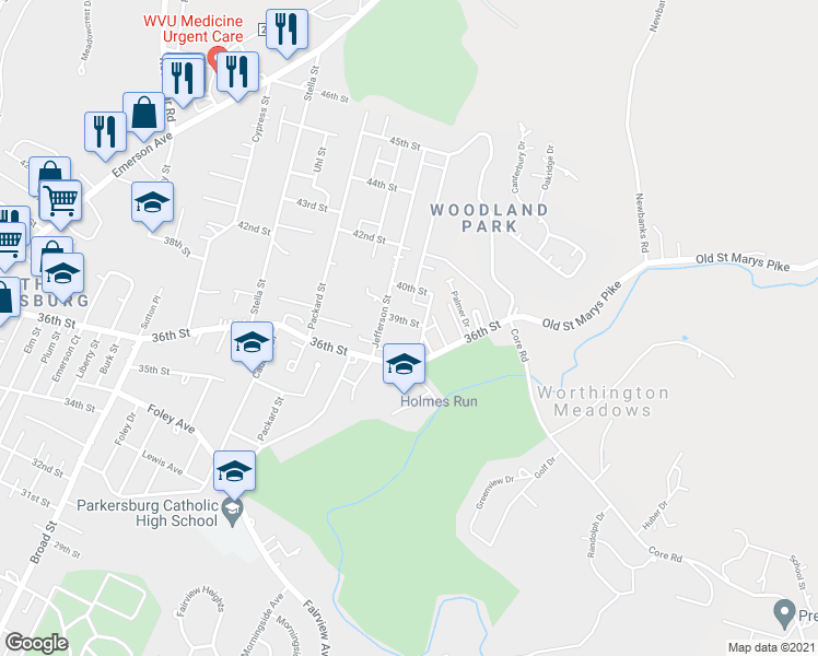 map of restaurants, bars, coffee shops, grocery stores, and more near 3601-3607 Rollins St in Parkersburg