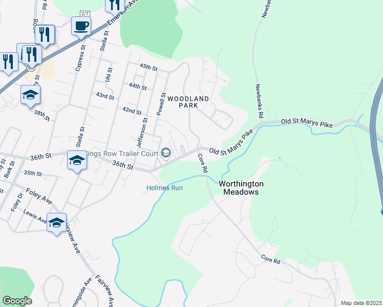 map of restaurants, bars, coffee shops, grocery stores, and more near 3101 Core Road in Parkersburg