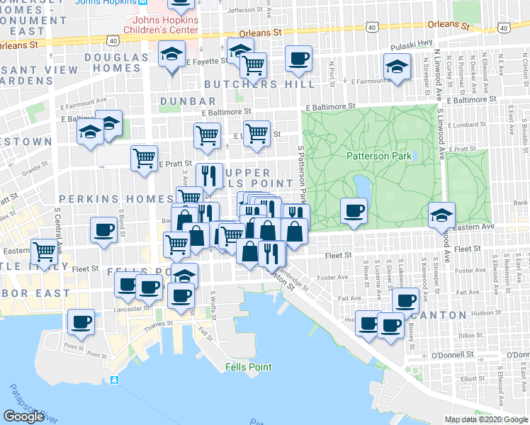 map of restaurants, bars, coffee shops, grocery stores, and more near 2102 Bank Street in Baltimore