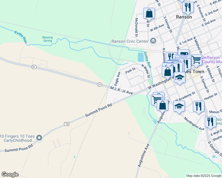 map of restaurants, bars, coffee shops, grocery stores, and more near 11078 Martin Luther King Junior Avenue in Charles Town