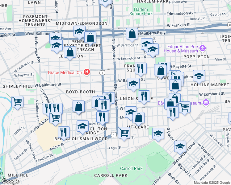 map of restaurants, bars, coffee shops, grocery stores, and more near 26 South Fulton Avenue in Baltimore