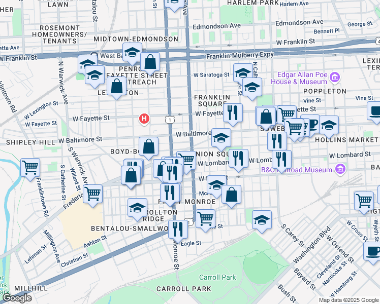 map of restaurants, bars, coffee shops, grocery stores, and more near 26 South Fulton Avenue in Baltimore