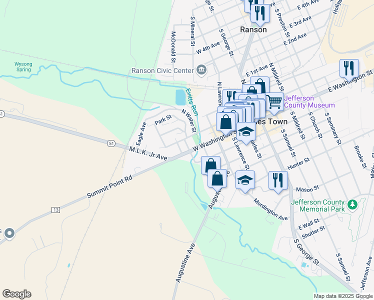map of restaurants, bars, coffee shops, grocery stores, and more near 600 West Washington Street in Charles Town