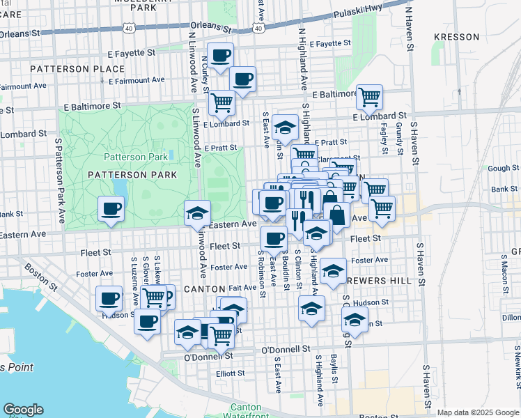 map of restaurants, bars, coffee shops, grocery stores, and more near 415 South Robinson Street in Baltimore