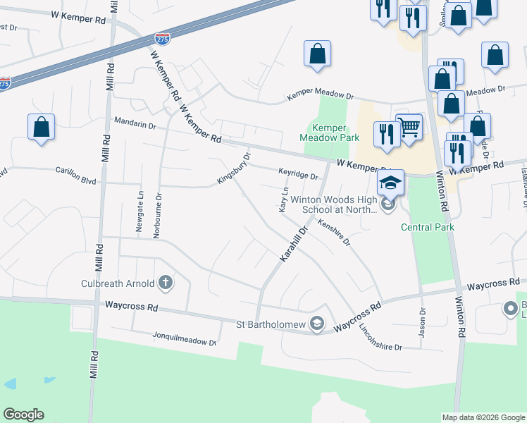 map of restaurants, bars, coffee shops, grocery stores, and more near 11455 Lincolnshire Drive in Cincinnati