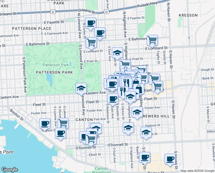 map of restaurants, bars, coffee shops, grocery stores, and more near 415 South Robinson Street in Baltimore
