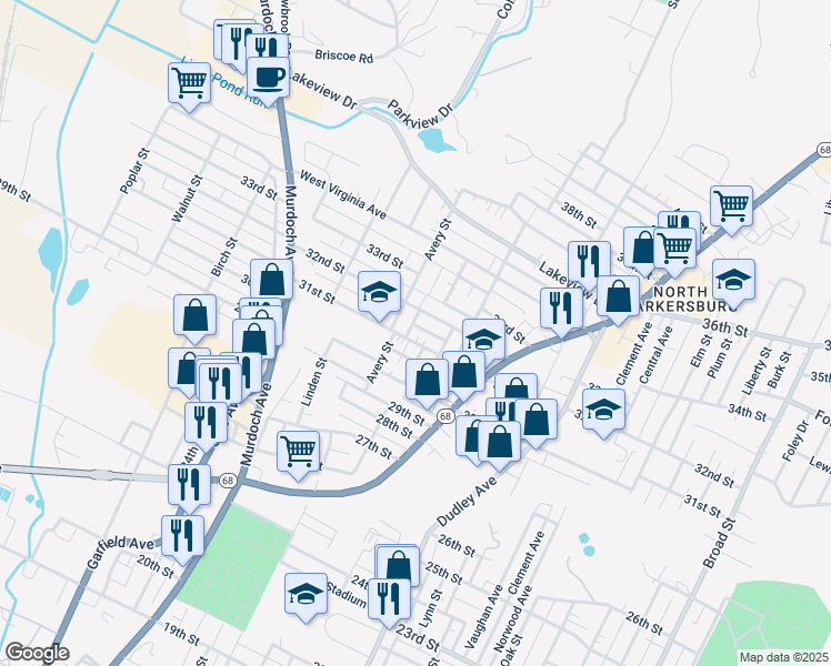 map of restaurants, bars, coffee shops, grocery stores, and more near 1006 31st St in Parkersburg