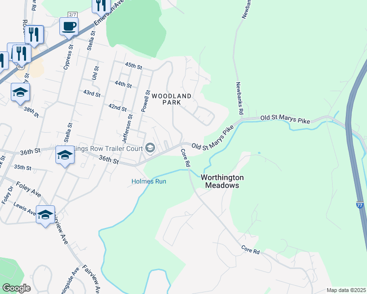 map of restaurants, bars, coffee shops, grocery stores, and more near 3101-3199 Core Road in Parkersburg